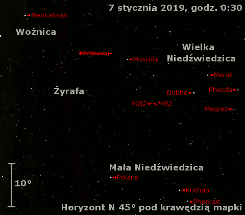Położenie komety 46P/Wirtanen w drugim tygodniu stycznia 2019 r.