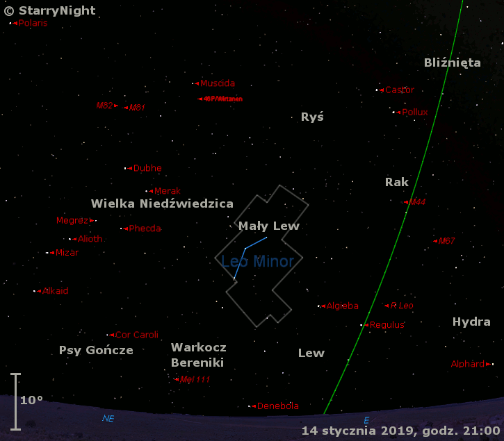 Położenie komety 46P/Wirtanen i mirydy R Leonis w trzecim tygodniu stycznia 2019 r.