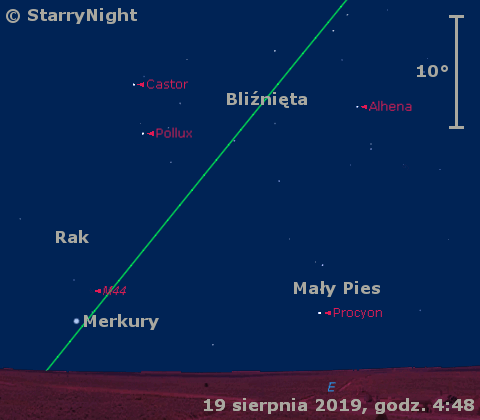 Położenie Merkurego na początku trzeciej dekady sierpnia 2019 r.