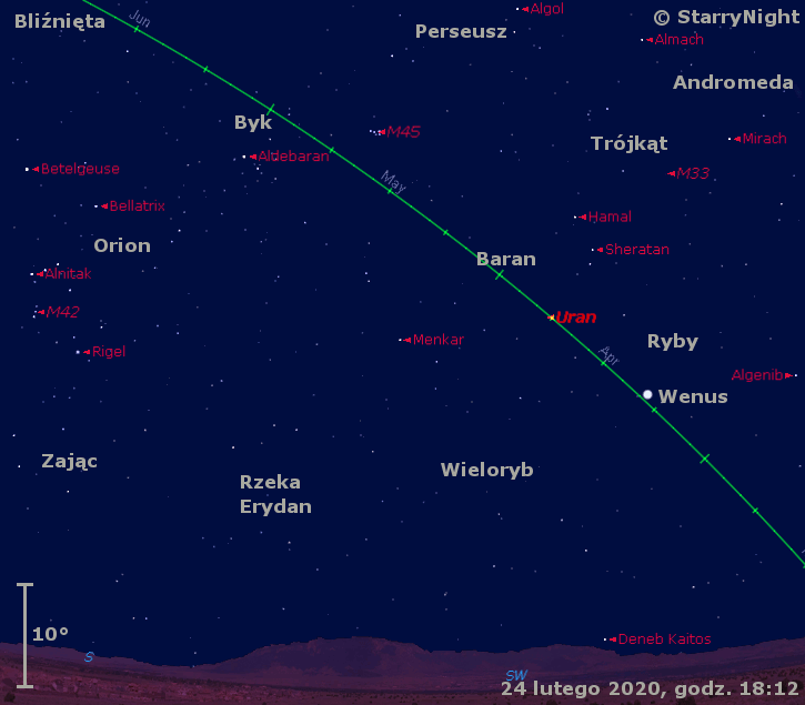 Położenie Księżyca oraz planet Wenus i Uran w czwartym tygodniu lutego 2020 r.