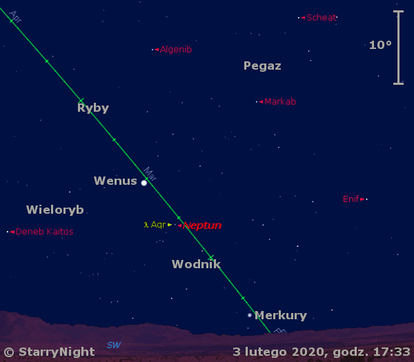 Położenie planet Merkury, Neptun i Wenus w pierwszym tygodniu lutego 2020 r.