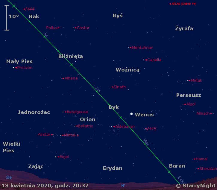 Położenie Wenus w trzecim tygodniu kwietnia 2020 r.