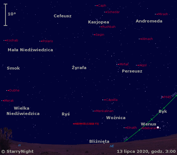Położenie Wenus oraz komety C/2020 F3 w trzecim tygodniu lipca 2020 r.