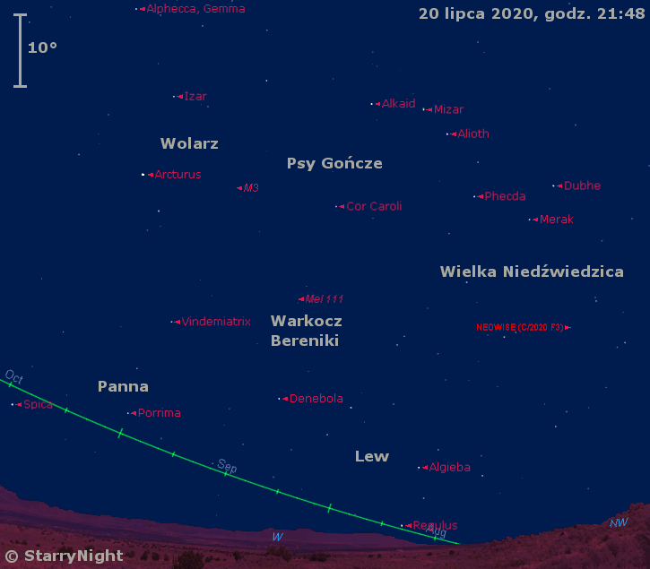 Położenie Księżyca i komety C/2020 F3 (NEOWISE) w czwartym tygodniu lipca 2020 r.