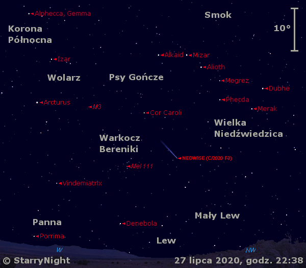 Położenie komety C/2020 F3 (NEOWISE) w ostatnim tygodniu lipca 2020 r.
