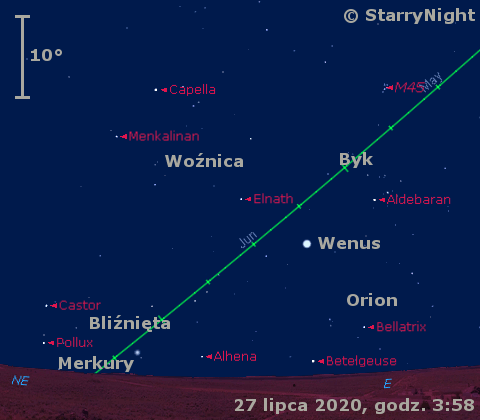 Położenie planet Wenus i Merkury w ostatnim tygodniu lipca 2020 r.