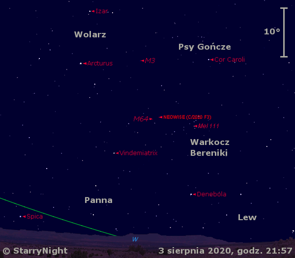 Położenie komety C/2020 F3 (NEOWISE) w pierwszym tygodniu sierpnia 2020 r.