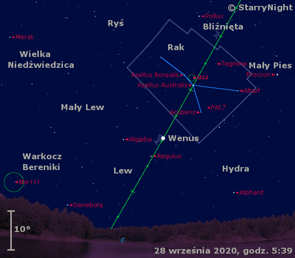 Położenie Wenus na przełomie września i października 2020 r.