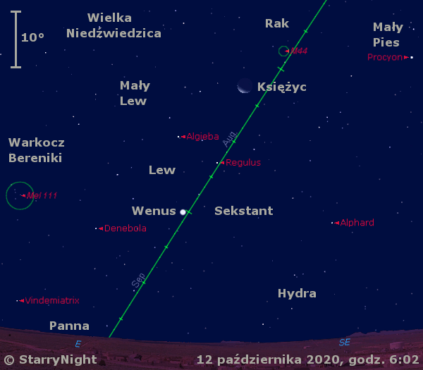 Położenie Księżyca i Wenus w końcu drugiej dekady października 2020 r.